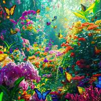 Flower garden with butterflies, flowers blooming in park, colourful, fragrant flowers ,AI Generated photo