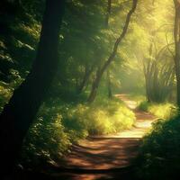 Sunbeams filter through the dense foliage, lighting the way on the forest path ,AI Generated photo