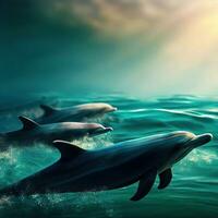 Spinner Dolphins Surface in a Shimmering Display ,AI Generated photo