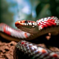 The Sinoloan Milk Snake's bold red, black, and white bands create a captivating contrast ,AI Generated photo