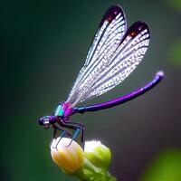 el libélula mantiene reloj terminado el flor silvestre, un guardián de el flores ,ai generado foto