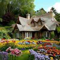 hermosa eco simpático casa, ángel casa con flores natural, naturaleza ,ai generado foto