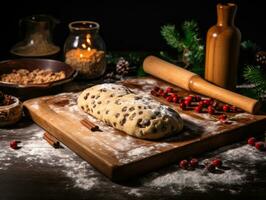 Ai generation. Bread dough with raisins and cranberries on a wooden board. Traditional stollen. photo