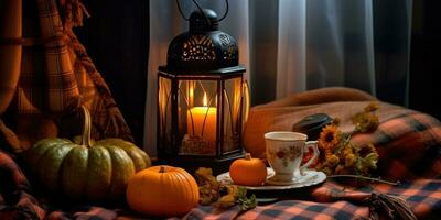 Halloween still life with pumpkins, coffee cup, candlestick and plaid. Ai generation photo