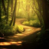 un iluminado por el sol sendero invita exploración en el encantador tropical bosque ,ai generado foto