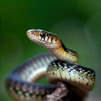 An Eastern Garter Snake basks in the sun, showcasing its vibrant stripes and calm demeanor ,AI Generated photo