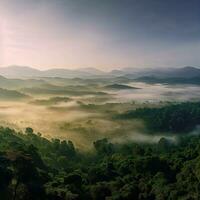Morning sunshine Rainforest, Valley of plants, beautiful jungle, Amazon forest ,AI Generated photo