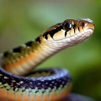 un serpiente con un negro raya en sus cabeza ,ai generado foto