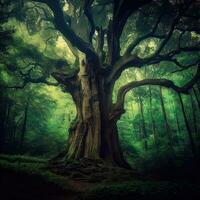 grande bonsai árbol selva, oscuro bosque, horror árbol, baniyan bonsai ,ai generado foto