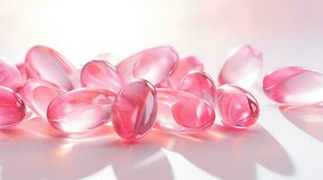 Pink transparent vitamins on a light background photo