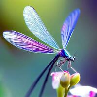 el libélula iridiscente alas captura el ligero como eso descansa en el flor silvestre ,ai generado foto