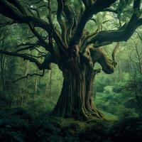 grande bonsai árbol selva, oscuro bosque, horror árbol, baniyan bonsai ,ai generado foto