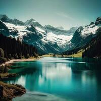 lago alrededor montaña árbol, hermosa Valle alrededor montañas ,ai generado foto