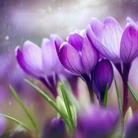 A close-up of a spring crocus flower captures its beauty adorned with glistening raindrops ,AI Generated photo