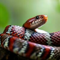 un de cerca de el rojo Leche serpiente vitrinas sus sorprendentes y vibrante colores ,ai generado foto