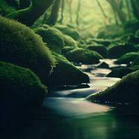 Stream in forest, small river in the forest, tree plant and moss ,AI Generated photo