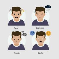 mental salud problemas. hombre con pánico ataques, depresión, ansiedad y bipolar.plano dibujos animados vector ilustración