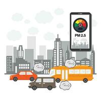 PM2.5 air pollution alert meter on smartphone application in flat design vector illustration.