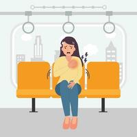 mujer teniendo pánico ataque en Skytrain dibujos animados vector ilustración.