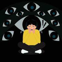 Mental disorder and Phobia. Man sits and imagines his eyes around him. Cartoon flat vector illustration.