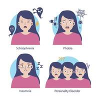 Mental health problems. Woman  with SChizophrenia, Phobia, Insomnia and Personality disorder.Flat cartoon vector illustration