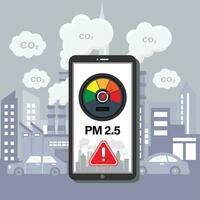 pm2.5 aire contaminación alerta metro en teléfono inteligente solicitud en plano diseño vector ilustración.