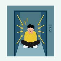 Young man sufering of claustrophobia attack  in elevator. vector illustration