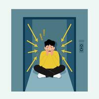 Young man sufering of claustrophobia attack  in elevator. vector illustration