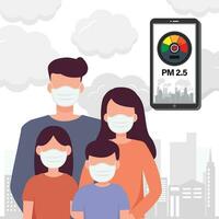 pm2.5 aire contaminación alerta metro en teléfono inteligente personas vistiendo protector cara mascaras proteger fumar en antecedentes. vector