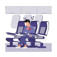 Man passenger sitting in airplane seat and suffering from panic attack. Vector cartoon illustration.