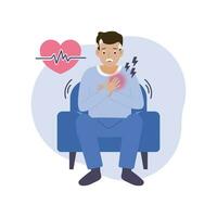 Man having panic attack,heartbeat, shortness of breath, trembling and sweating. Cartoon flat vector illustration.