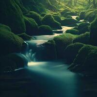 Stream in forest, small river in the forest, tree plant and moss ,AI Generated photo
