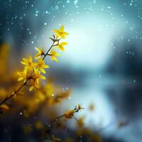 un de cerca de forsitia pétalos adornado con brillante gotas de lluvia ,ai generado foto