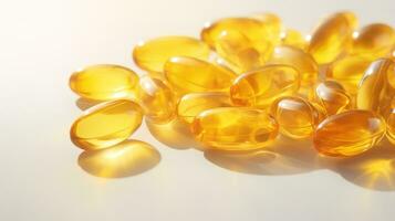 Transparent yellow vitamins on a light background. Vitamin D, omega 3, omega 6, Food supplement oil filled fish oil, vitamin A, vitamin E, flaxseed oil. photo