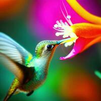 colibrí en flor, colibrí volador en flor, zumbador en flor ,ai generado foto
