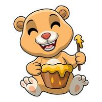 linda bebé oso dibujos animados con miel vector