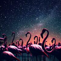 Flamingos Unite as the Milky Way Illuminates the Sky ,AI Generated photo