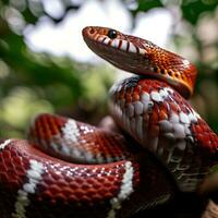 un de cerca de el rojo Leche serpiente sorprendentes marcas ,ai generado foto