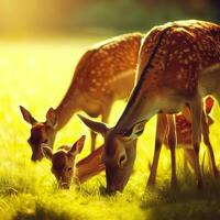 A group of deer enjoys breakfast in the warm embrace of the morning sun ,AI Generated photo