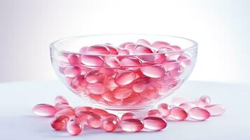 Pink transparent vitamins on a light background photo