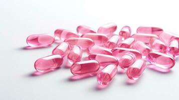 Pink transparent vitamins on a light background photo