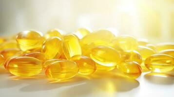 Transparent yellow vitamins on a light background. Vitamin D, omega 3, omega 6, Food supplement oil filled fish oil, vitamin A, vitamin E, flaxseed oil. photo