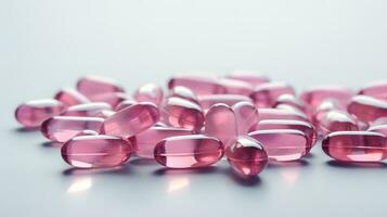 Pink transparent vitamins on a light background photo