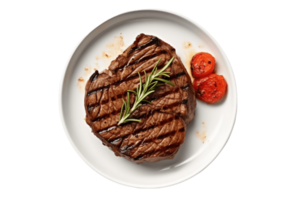 gegrillt Steak mit Rosmarin und Tomaten auf ein Platte, ai generativ png