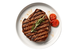 gegrillt Steak mit Rosmarin und Tomaten auf ein Platte, ai generativ png