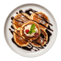 pancakes with whipped cream and chocolate sauce on a white plate,AI Generative png