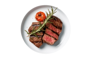 gegrillt Steak mit Tomaten und Rosmarin auf ein Platte, ai generativ png