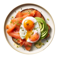 un' piatto con un uovo, salmone e avocado, ai generativo png