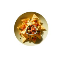 Nachos sur une assiette avec une bol de salsa, aï génératif png