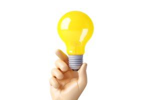 3d hand holding a yellow light bulb on transparent background,AI Generative png